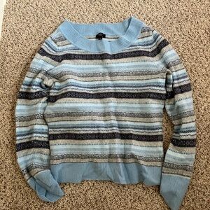 Talbots Blue and Gray Crew Neck Wool Sweater with Stripes